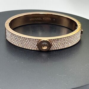Michael Kors Rose Gold Tone‎ Brilliance Pave Hinged Logo Bangle Bracelet